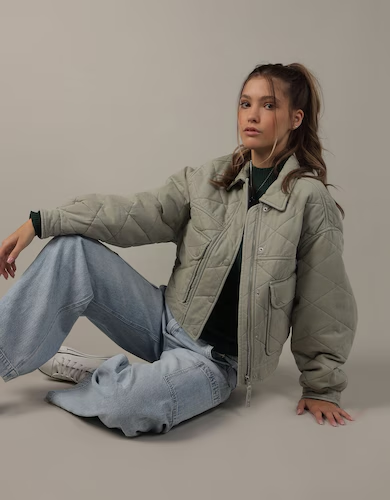 Olive quilted oversized jacket for women