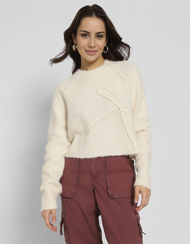 White cropped crew neck bow sweater for women