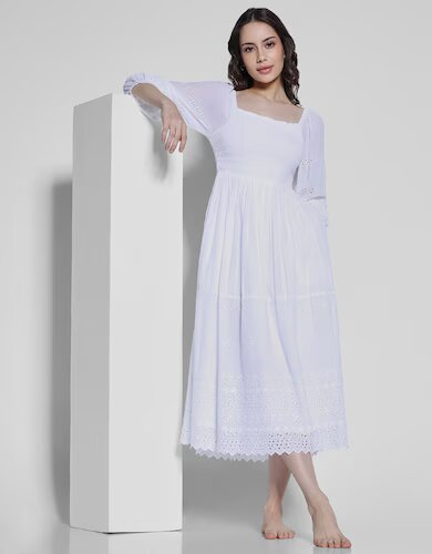 White puff sleeve smocked midi dress for women 