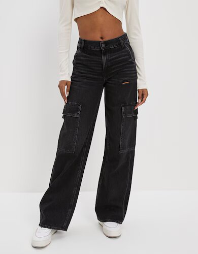 Black super high waisted cargo baggy wide for women