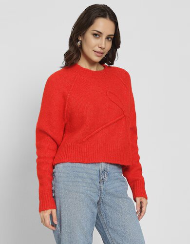 Red copped crew neck bow sweater for women 