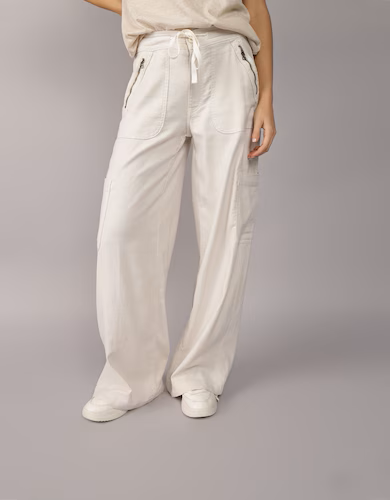 American Eagle Women Grey Dreamy Drape Linen-Blend Baggy Wide-Leg Cargo Pant