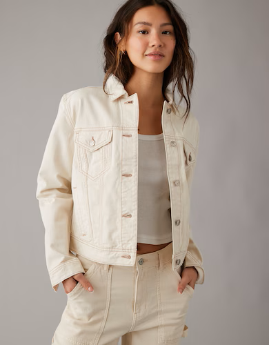 American Eagle Women Cream Strigid Classic Denim Jacket