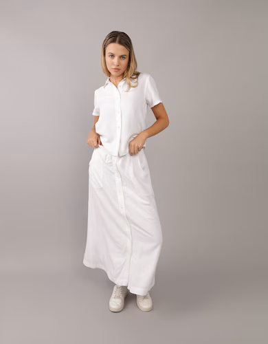 American Eagle Women White Button Front Midi Skirt 