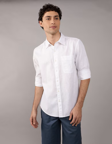 White Linen Blend Button Up Shirt for Men