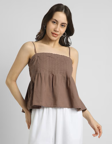 Brown Linen-Blend Strapless Top for Women 