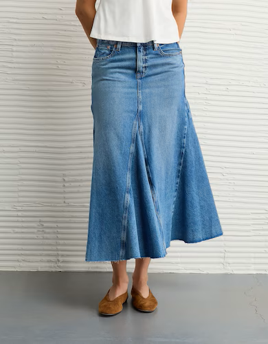 American Eagle Women Low-Rise Pieced Denim Maxi Skirt 