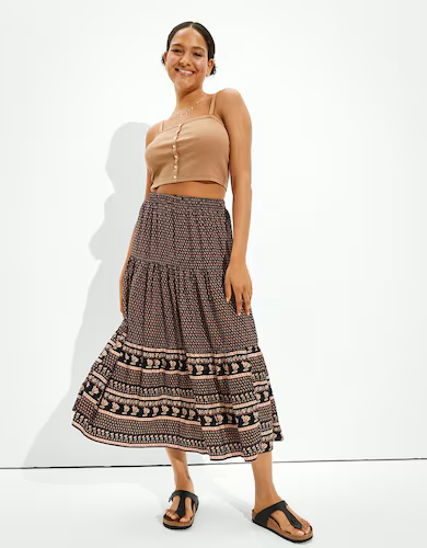 American Eagle Women Black Tiered Midi Skirt 