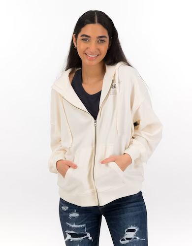 American Eagle Women Cream Fleece Oversized Zip-Up Hoodie 