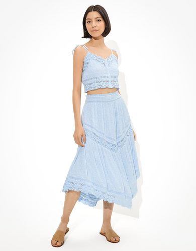 American Eagle Women Blue Lace Tiered Midi Skirt 