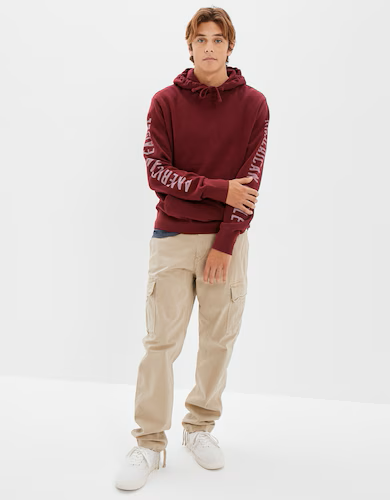 American Eagle Men Burgundy Super Soft Icon Graphic Hoodie 