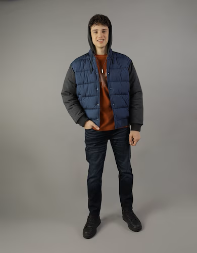 American Eagle Men Navy Bomber Puffer Jacket 